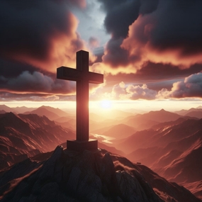 日暮黄昏山脉十字架石碑摄影图片